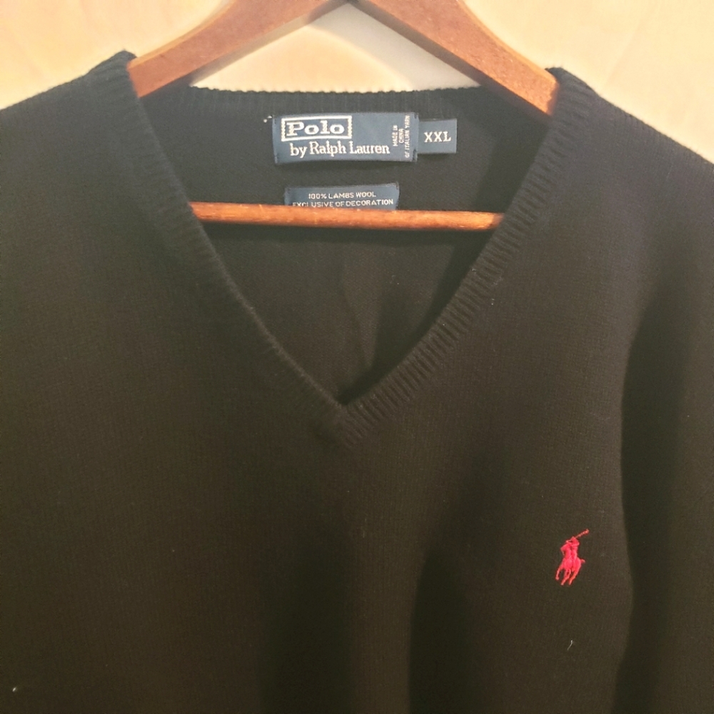 Polo by Ralph Lauren Black 100% Lambswool V Neck Sweater Size XXL